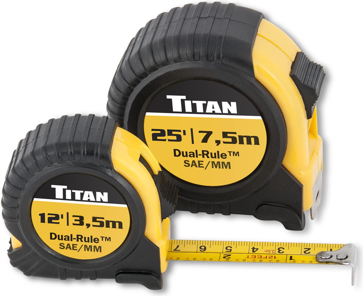 Titan 10903 Tape Measure with Easy-Read Standard Markings and Durable Case, 2-Piece Set, 12-Foot and 25-Foot