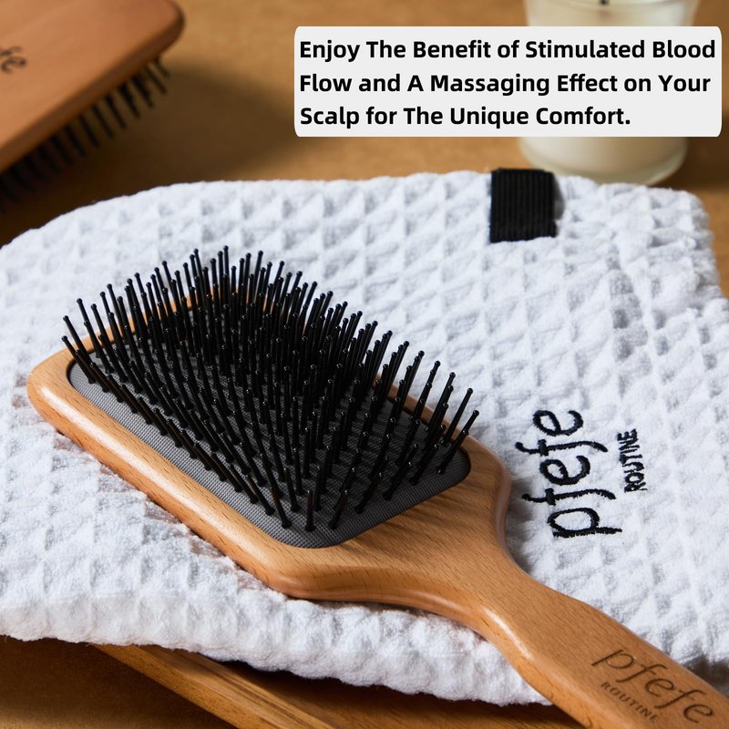 Wooden Paddle Hair Brush - Square Detangling Reducing Breakage Hairbrush for Men & Women, Beechwood Air Cushion Brush with Travel Bag for Thick, Curly, Wet, Dry Hair