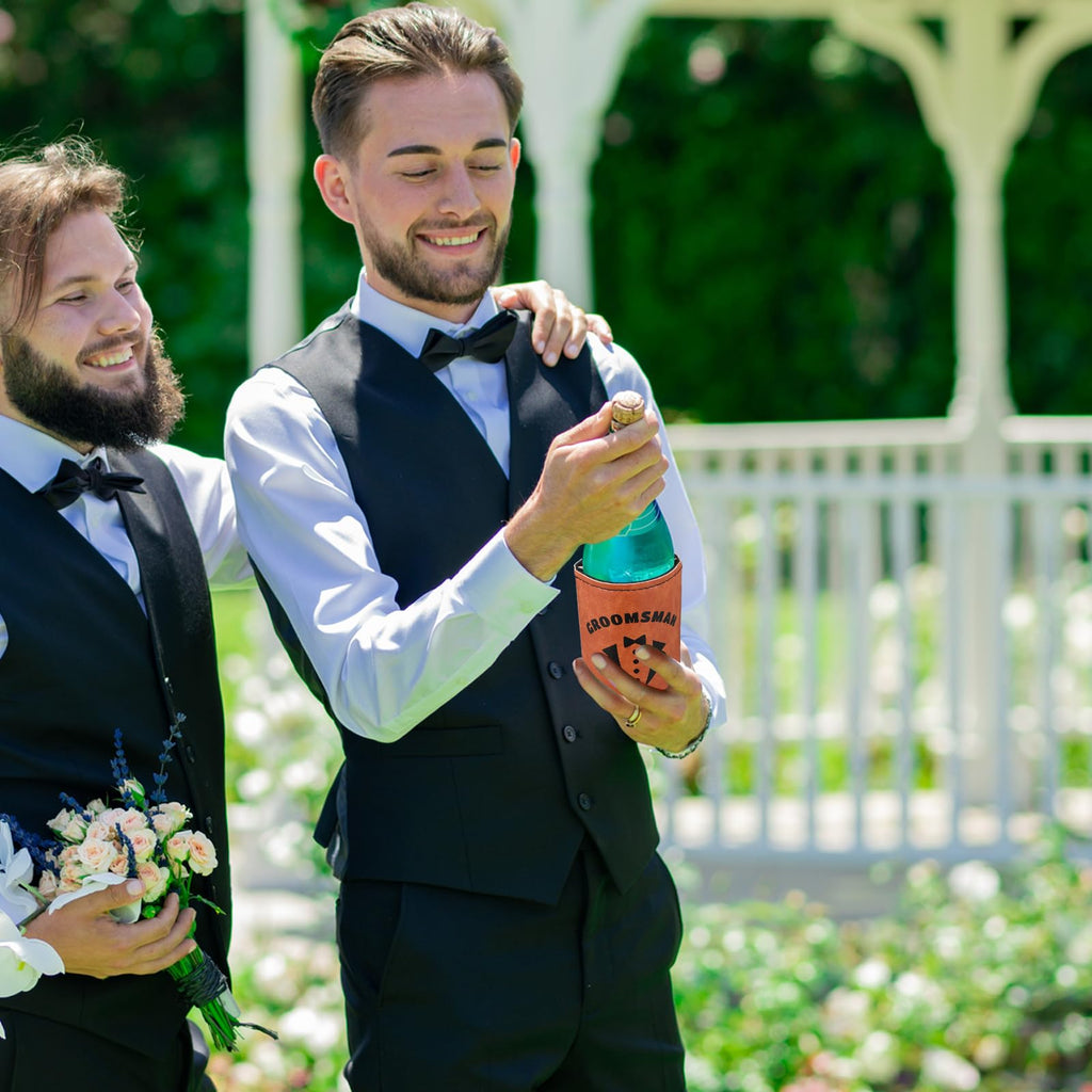 SiliFine 6 Sets Groom and Groomsmen Leather Can Cooler with 6 Bottle Opener Personalized Groomsmen Personalized Leather Beer Can Favors for Best Man Proposal Wedding Gifts