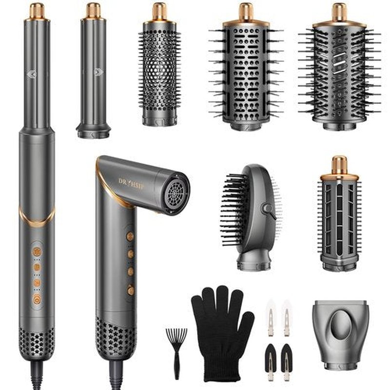 8 in 1 Hair Styler Curler & Air Dryer Brush, 110,000 RPM High-Speed Negative Ionic Foldable Hair Dryer Fast Drying, Multi Professional Hot Air Styler for Curling Volumizing Straightening Styling(Gray)