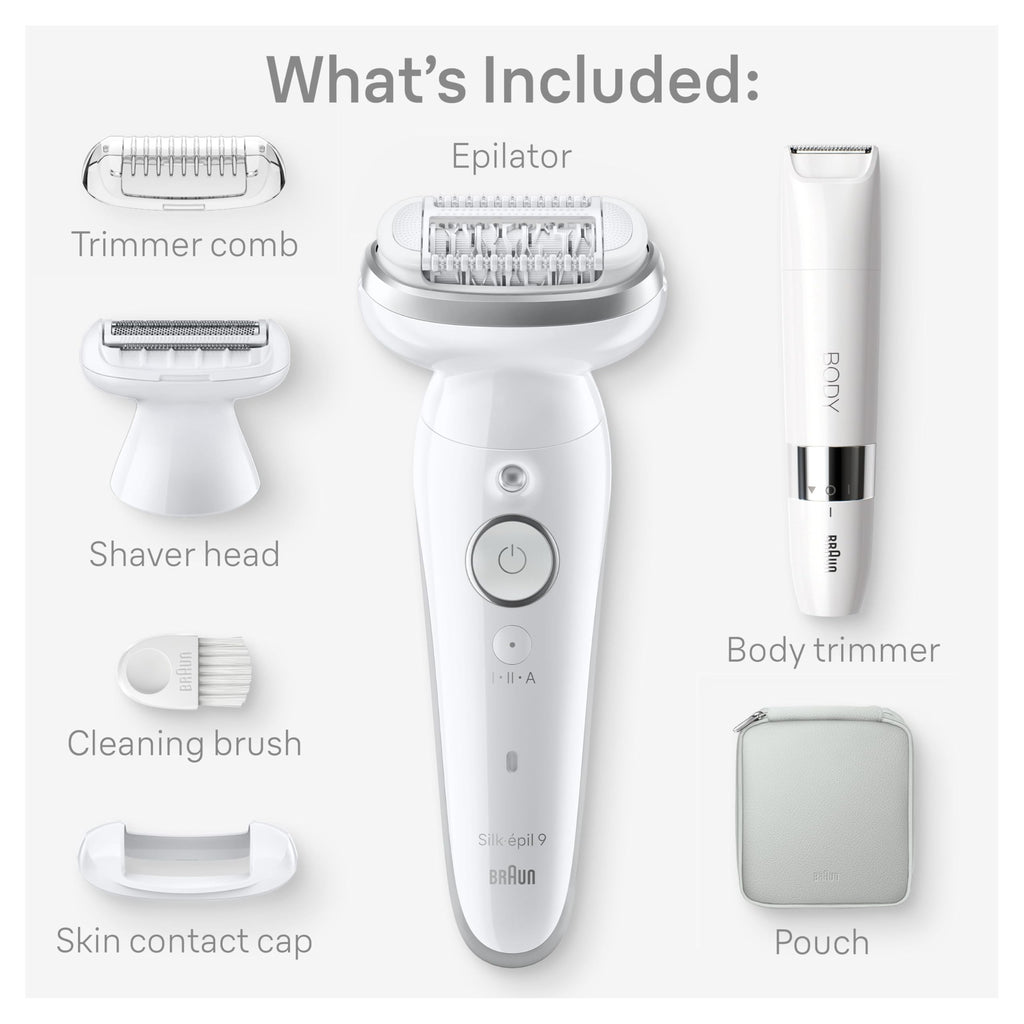 Braun Silk-épil 9 Epilator, Pivoting Head, Wet and Dry, Includes Body Trimmer, Shaver Head and Trimmer Comb, SES9-441