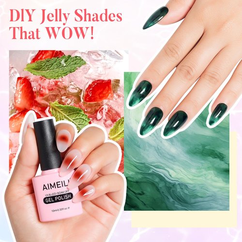 AIMEILI Gel Nail Polish Transparent Icy Jelly Gel Polish Soak Off U V LED Hema Free Nail Polish Vegan Cruelty-free Nail Salon Varnish 6 Color Set Kit of 77