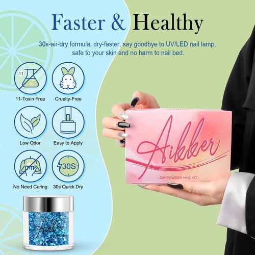 Aikker 27 Pcs Nail Dip Powder Kit 20 Bright Colors Glitter Blue Green All-in-one Quick Dry Dipping Powder System with Everything Essential Liquid Set & Nail Tools Gift Set AK39