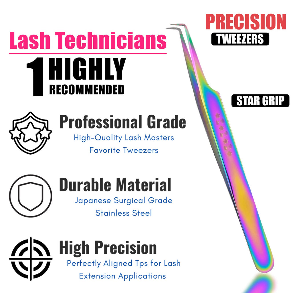 My Lash Tools Fiber Tip Lash Tweezers for Eyelash Extension Curved 90 Degree Angle Boot Tweezer Best for Volume, Individual Isolation & Classic Lashes Stainless Steel Lash Supply (Star Grip)