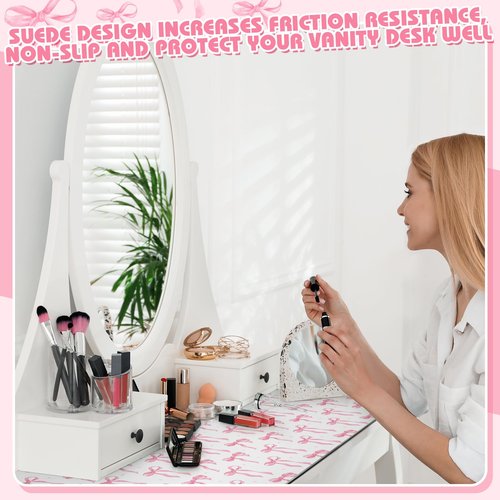 Teenyyou Coquette Bow Makeup Mat for Vanity Top Protector, Valentine Dual Sided Leather Vanity Waterproof Desk Pad Dressing Mat Nonstick Gifts for Women Home Office Decor(Pink,15.7" X 31.5")