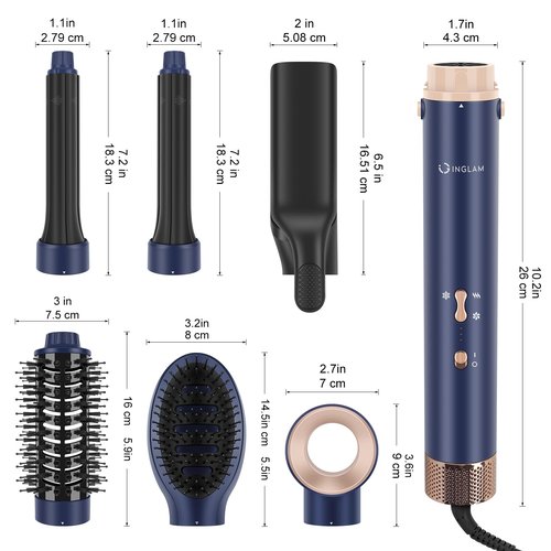6-in-1 Hair Dryer Brush, 110,000 RPM High Speed Hair Dryer with Air Straightener, 28mm AUTO Curlers, IG INGLAM MegaAIR 2.0 Multi-Styler Set Volumizing and Shape, Prussian Blue