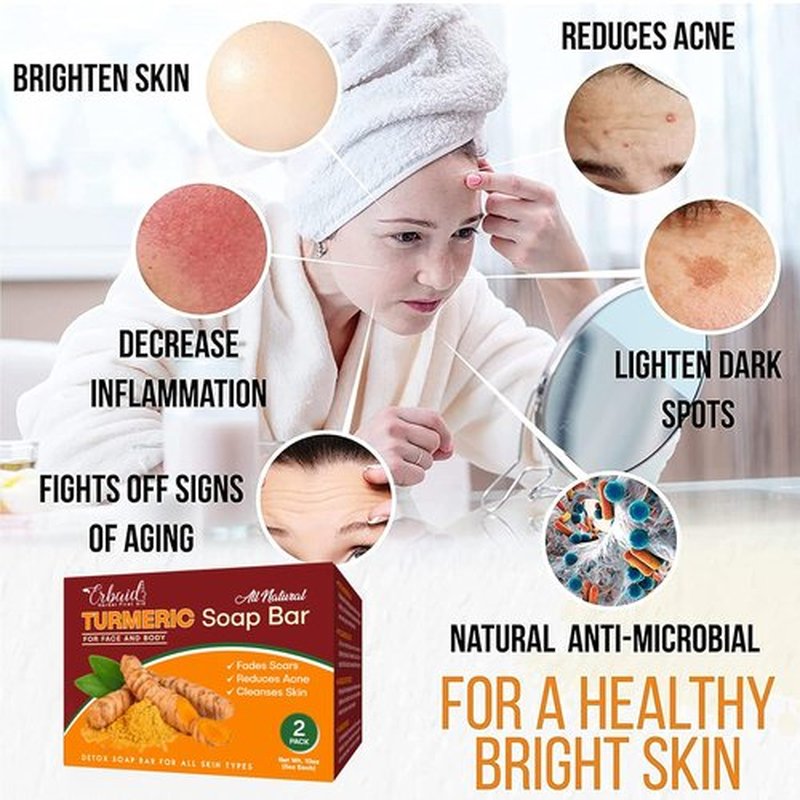Natural Turmeric Soap Bar for Face & Body – Turmeric Skin Brightening Soap for Dark Spots, Intimate Areas, Underarms – Exfoliating Face Wash Reduces Acne, Scars & Cleanses Skin – 5oz Bath Bar (2 Pack)