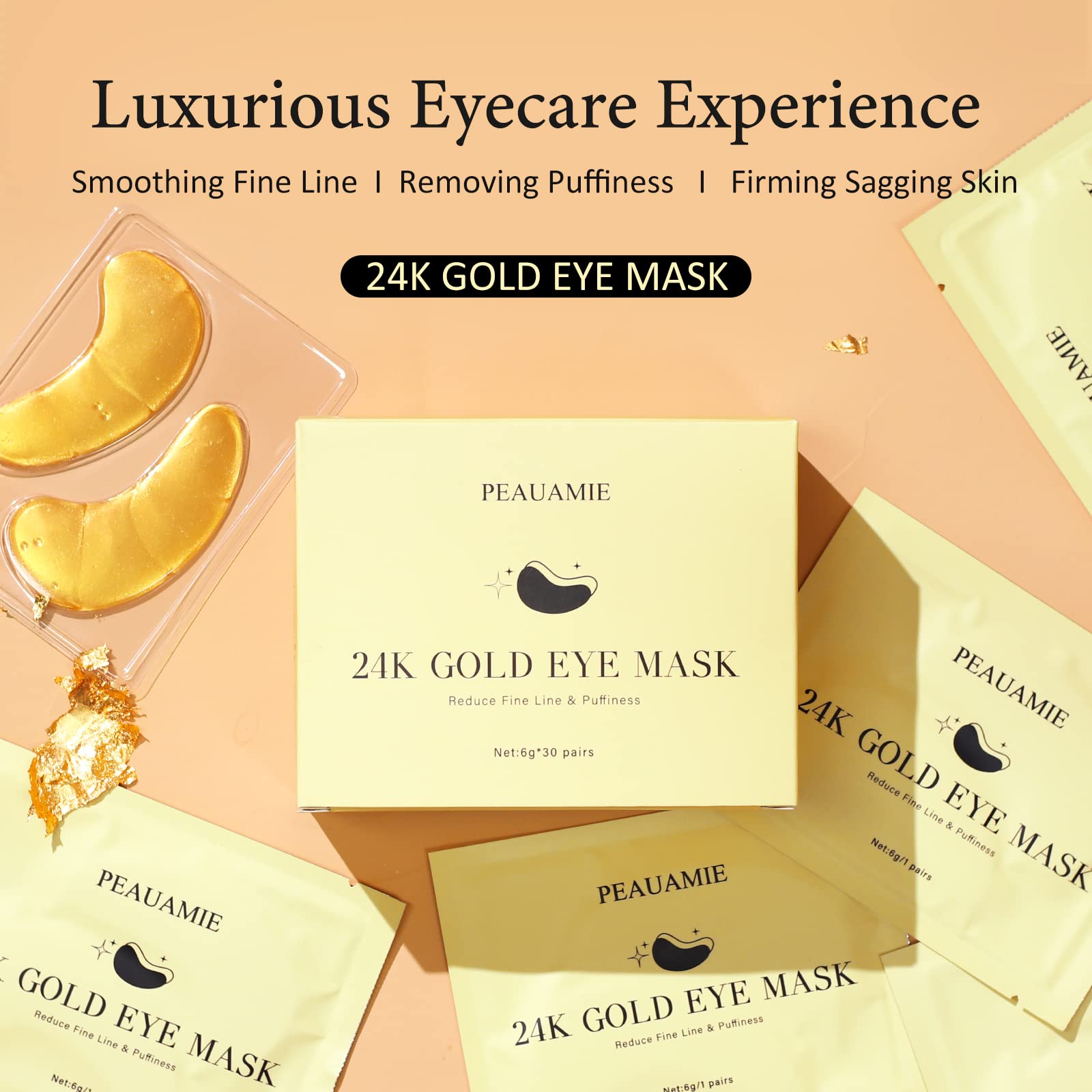 PEAUAMIE Under Eye Patchs 24k Gold Eye Mask and Hyaluronic Acid and Rose for Dark Circles and Puffiness Wrinkle Eye Bags 30 Pairs