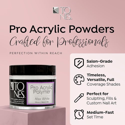Tones Pro Acrylic Nail Powder - Max White Soft Off-White (3.5 Fl Oz) | Long-Lasting Non-Yellowing Polymer for Salon Quality Extensions & 3D Art