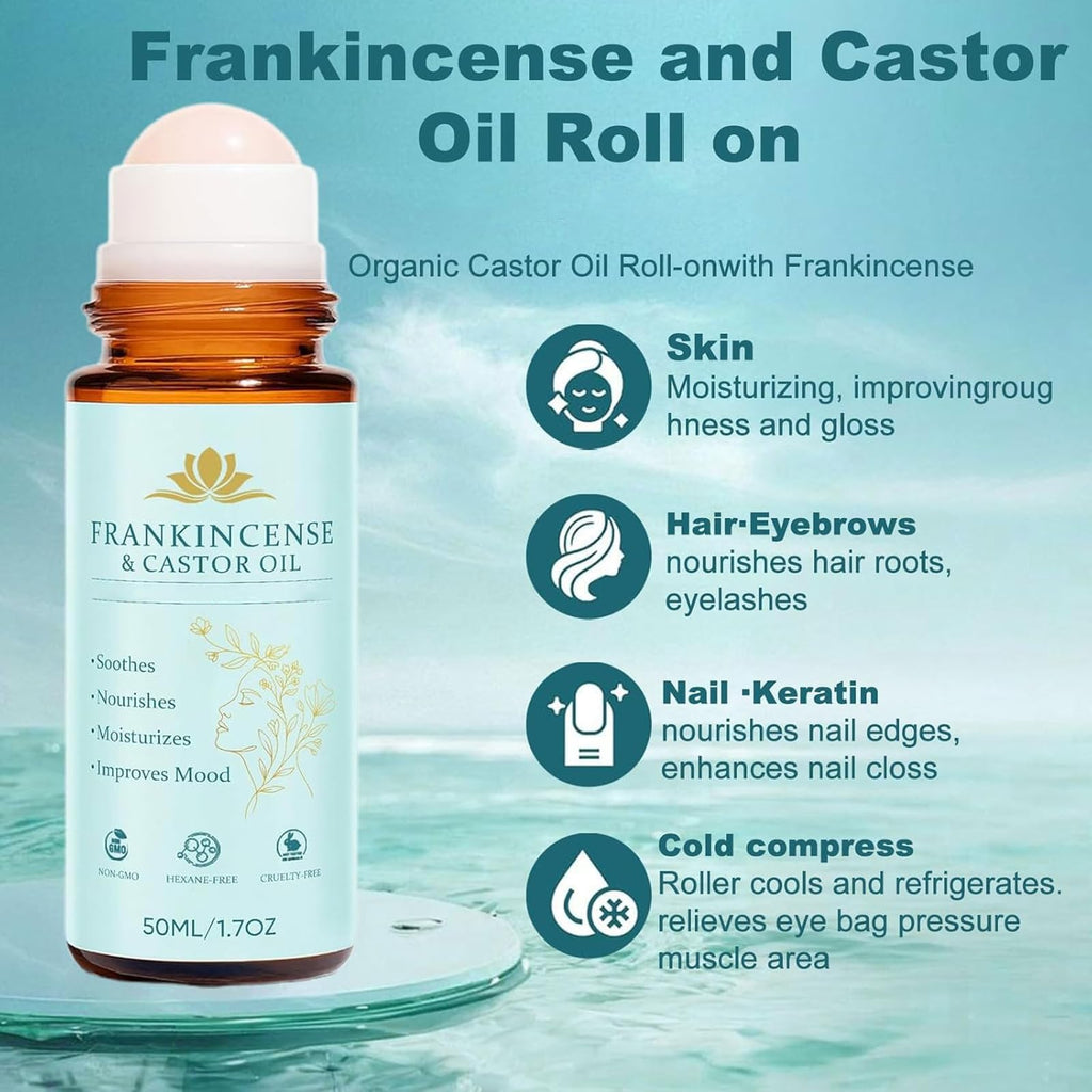 Ayland Castor Oil and Frankincense Roll On, 1.7 fl oz Pure Organic Cold-Pressed Castor Oil Roll-On, Cold-Pressed, Firms Skin, Reducing Fine Lines, Suitable for Eyebrows, Face, Neck, Abdomen