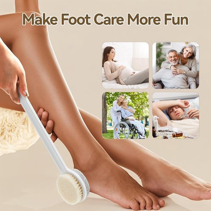 Foot Pumice Stone for Feet, 2 in 1 Foot Pumice Scrubber for Wet or Dry Brushing, Dead Skin Remover, Long Handle Foot Cleaning Brush for Senior, Pregnant, Disabled, or Injured, Box Packed(White)