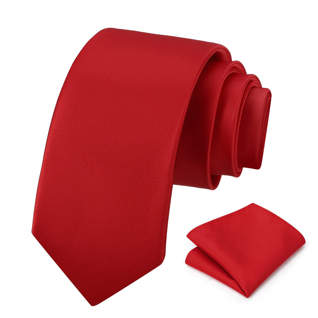 PenSee Men's Red Tie Set Solid Pure Color 3.15" (8CM) Classic Formal Plain Necktie and Pocket Square Set Red Ties For Men