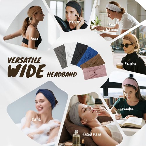 HSEM Headbands for Women, Non Silp Wide Hair Bands, Elastic Thick Head Bands, Stretchy Soft Sports Sweat Bands for Spa Workout Running Gym, Twist Knotted Cotton Cloth Turban Hair Accessories 6Pcs