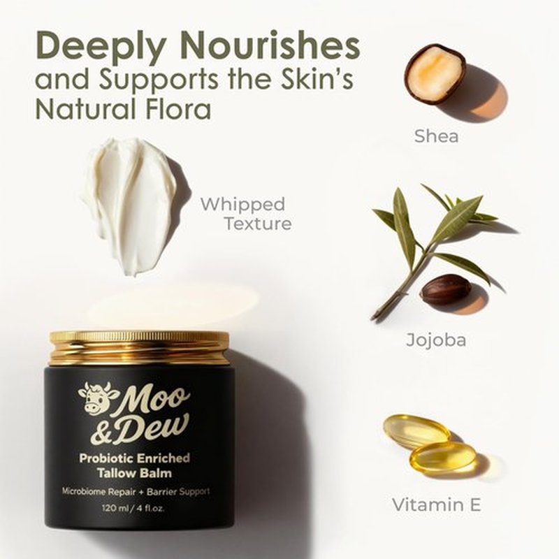 Beef Tallow for Skin & Face – Probiotic-Enriched Tallow Balm, Pasture-Raised Moisturizer with Citrus Extract, Hydrating Cream for Dry or Sensitive Skin, Gift Box & Bamboo Spatula Included (4 fl oz)