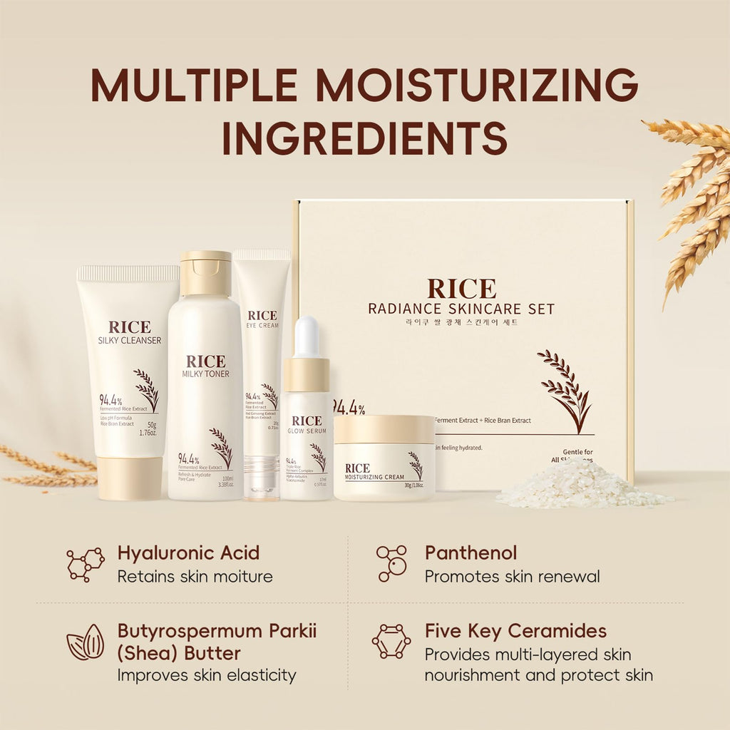 5PCS Rice Skin Care Set for Women & Teen Girls – Facial Kit for Women with Cleanser, Toner, Serum, Eye Cream & Face Cream – Travel Size Skincare Set Soothing & Moisture-Locking Daily Skincare Gift Set