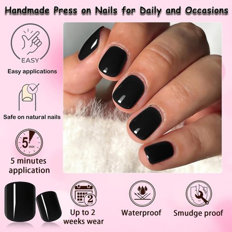 240pc Black Press on Nails Short Square Fake Nails with Glue Tabs, Short Nails Press on Nail Square Glue on Nail Black Acrylic Nail False Stick Nail Women Girls Artificial Fingernails Kit 12 Sizes