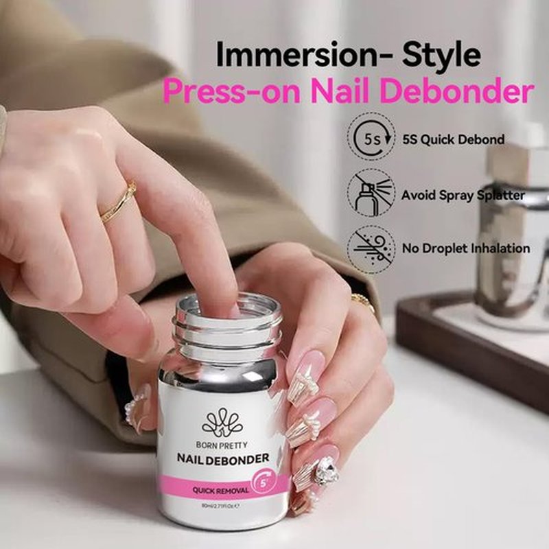 BORN PRETTY 80ML Nail Glue Remover for Press on Nails, 5s Quick Remover Fake Nails with Cuticle Pusher, Easy Remover for Acrylic Tips Nail Glue Fast Acting Adhesive Debonder Acetone-Free