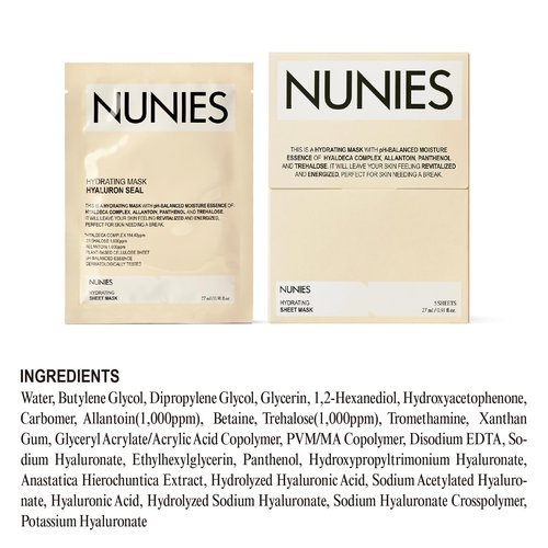 NUNIES Hydrating Sheet Mask – Korean Moisturizing Face Mask for Dry & Sensitive Skin | 10-Layer Hyaluronic Acid, Trehalose & Allantoin | Glow, pH-Balanced | Fragrance-Free, Colorant-Free | 5 Sheets