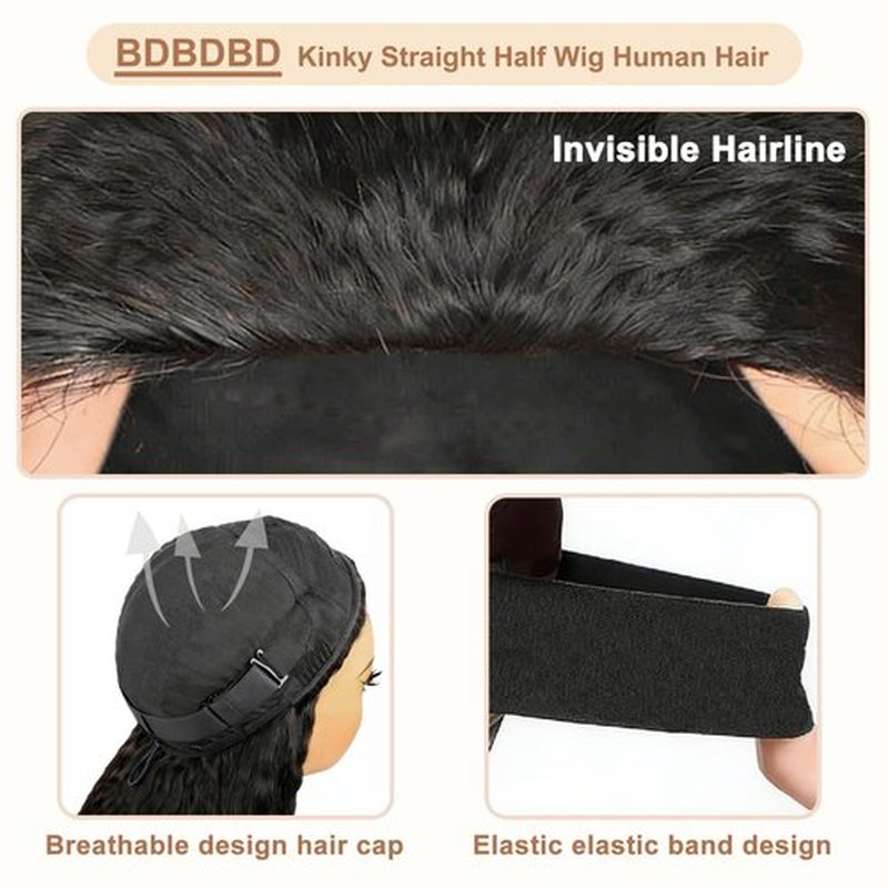 Kinky Straight Half Wig Human Hair 200% Density 3 In 1 Wear and Go Glueless Wigs Human Hair Half Wig Kinkystraight Seamless Flip Over Wig Human Hair Glueless Beginner Friendly Natural Black 14 Inch