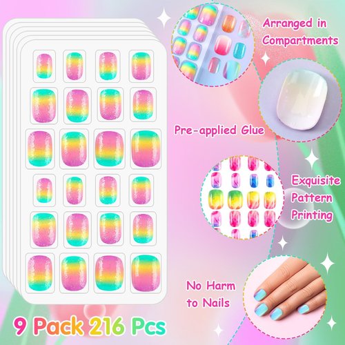 BOARDFEB 216Pcs 9 Pack Kids Press on Nails Grils Full Cover Short False Stick on Nail Tips for Kids Nail Art Decoration Christmas Birthday Valentine's Party Favors Gift(Gradient Style)