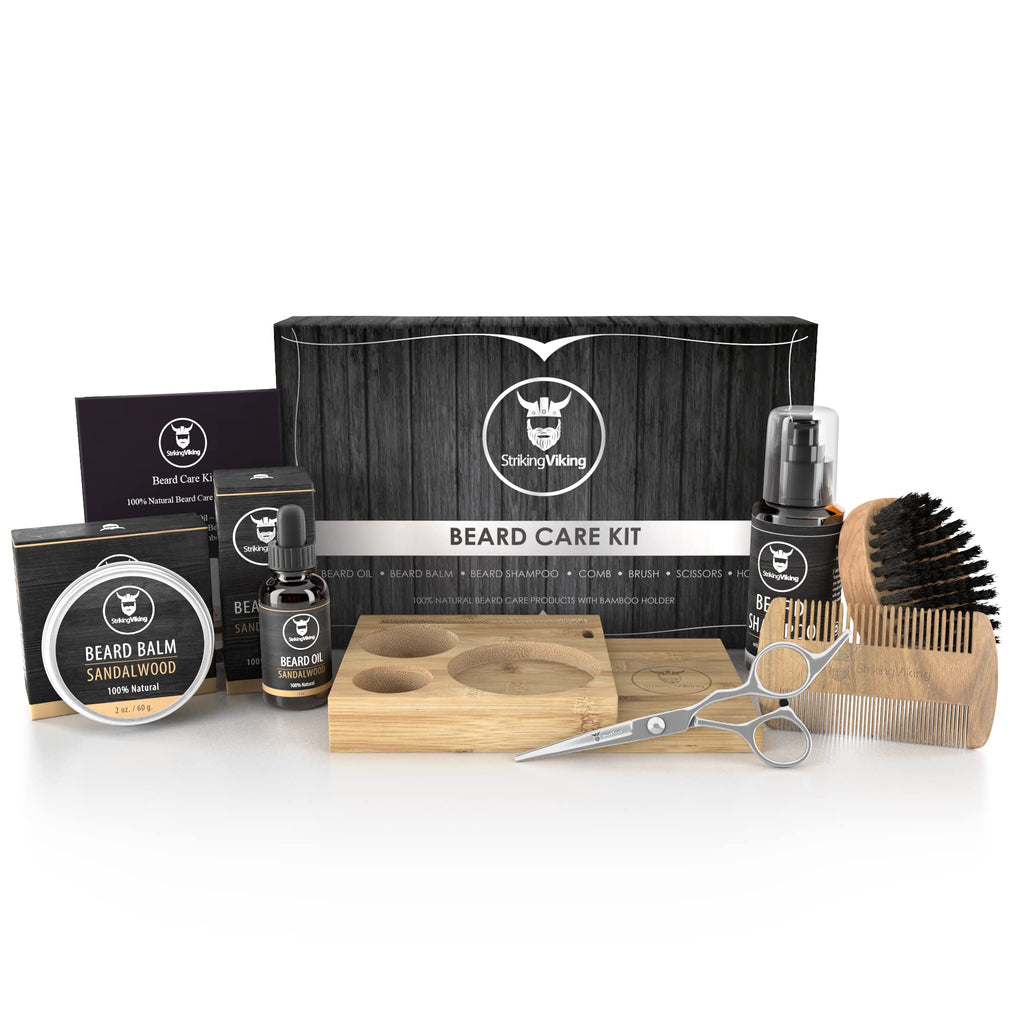 Striking Viking Beard Grooming Kit w Caddy - 7-Piece Set, Sandalwood - Softening Sandalwood Beard Oil & Balm - Brush with Mustache Comb & Scissors - Compact Caddy Organizer & Gifts for Men