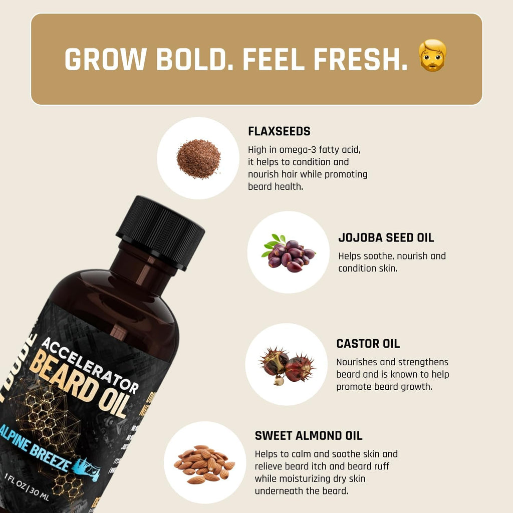 Derm Dude Accelerator Beard Growth Oil for Men | With Castor Oil & Jojoba Oil for Hair Growth | Promotes Thicker Fuller Beard | Hydrate & Soften Facial Hair, Non-Greasy - Alpine Breeze 1oz