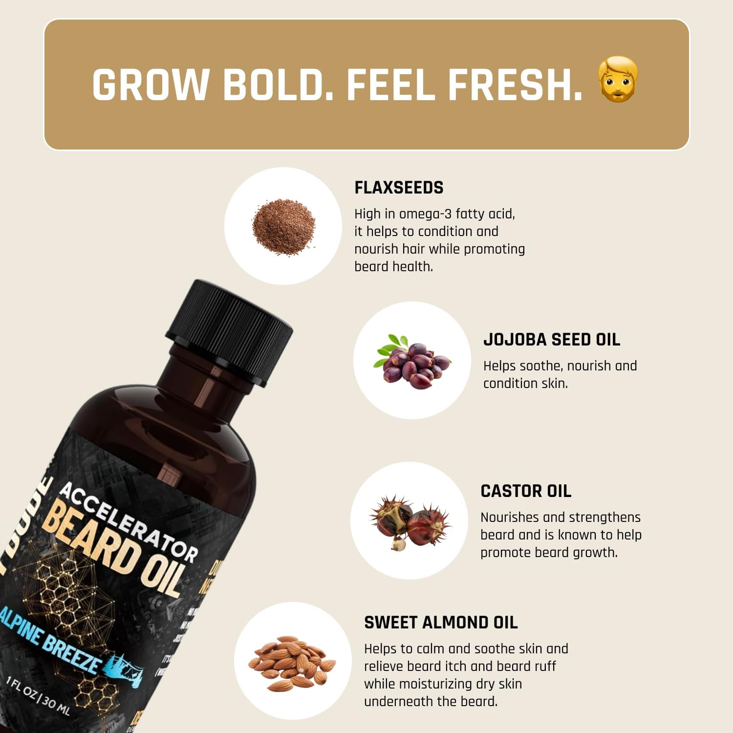 Derm Dude Accelerator Beard Growth Oil for Men | With Castor Oil & Jojoba Oil for Hair Growth | Promotes Thicker Fuller Beard | Hydrate & Soften Facial Hair, Non-Greasy - Alpine Breeze 1oz