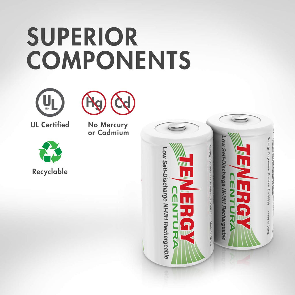 Tenergy Centura 8-Pack C Rechargeable Batteries: 4000mAh Low Self-Discharge NiMH Cells – Pre-Charged and Ready-to-Use for Flashlights and Household Electronics