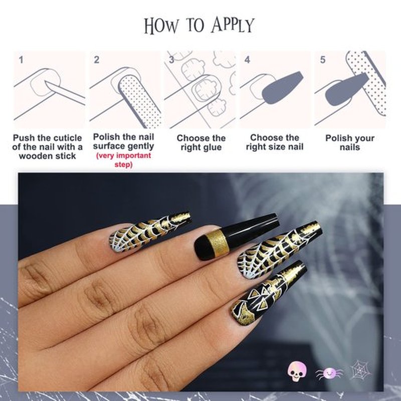 Kikmoya Halloween Extra Long Press on Nails Black Coffin Fake Nails with Gold Pumpkin Sipder Web Design Stick on Nails for Women 24pcs Glossy Acrylic Artificial False Nails (Gold Pumpkin Coffin)