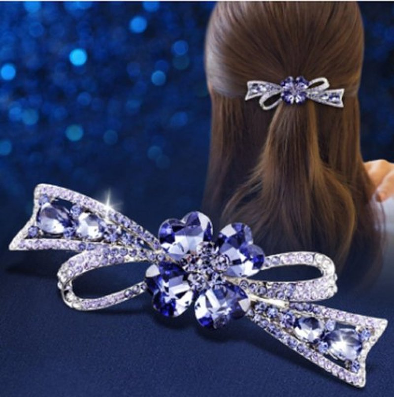 Siluannan Crystal Flower Hair Barrette, Purple Rhinestone Bow Design, Silver Metal Hair Clip with Gift Box and hair accessories for women or hair barrettes for women.