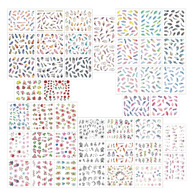 WOKOTO 44 Sheets Feather Nail Art Stickers - 3D Nail Decals with Flowers, Animals - Self-Adhesive Flower Nail Stickers for Women & Girls Acrylic Nails