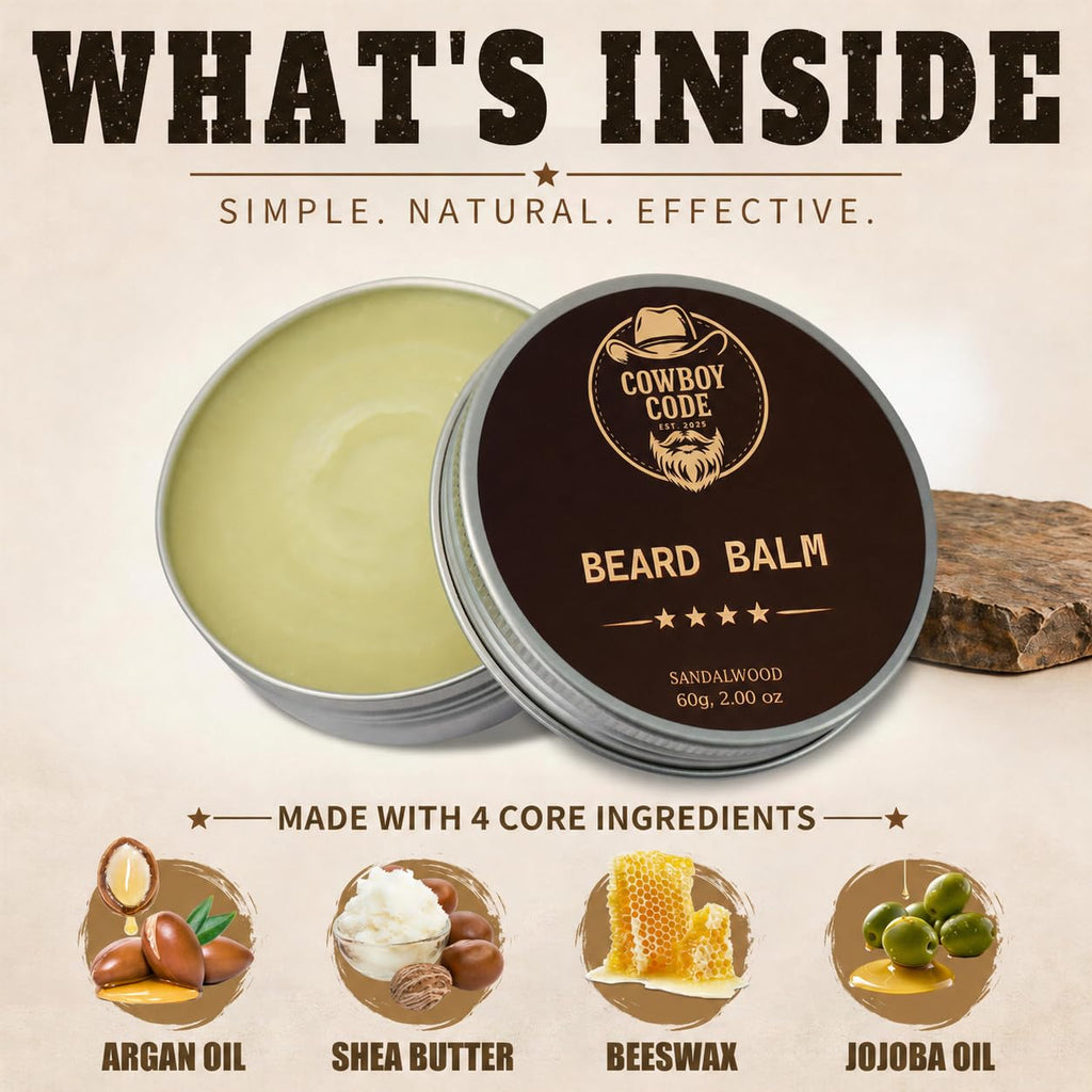 Cowboy Code Beard Balm for Men - Sandalwood Beard Balm - Medium Hold Beard Butter Conditioner - Softens, Moisturizes & Tames Beard - Beeswax, Shea Butter, Argan & Jojoba Oil - 2 Oz Natural