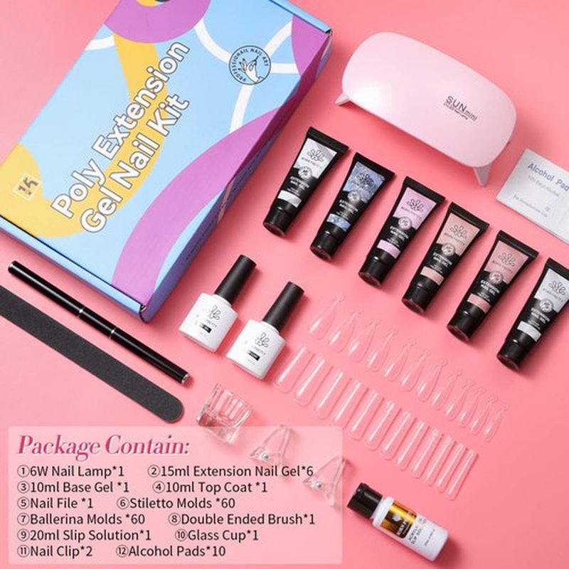 BORN PRETTY Poly Nail Extension Gel Kit-6 Colors Poly Nails Gel Kit Nude Clear Jelly Pink All In One Kit Builder Glue Gel with Nail Lamp Base Top Coat Set Nail Forms French Manicure Set for Beginner Starter DIY at Home Mother's Day Gifts