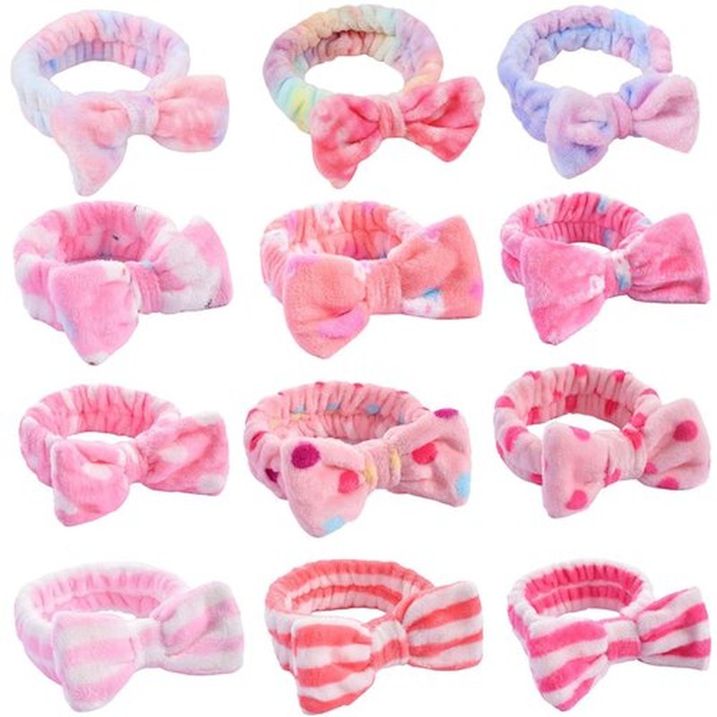 Tomolucky Direct 12pcs Spa Headband Soft Bowknot Spa Hair Band Coral Fleece Headband Makeup Headbands for Face Washing Skin Care Shower Yoga Headwraps for Women Girls (Pattern C)