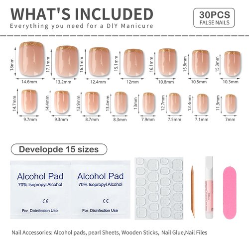 Stbisen Press On Nails Short Square, Pink Fake Nails with French Tips and Gold Border Accent Glitter Designs, Glossy Gel Finish Acrylic Nails Press Ons Short Thick Natural Reusable Glue On Nails 30Pcs