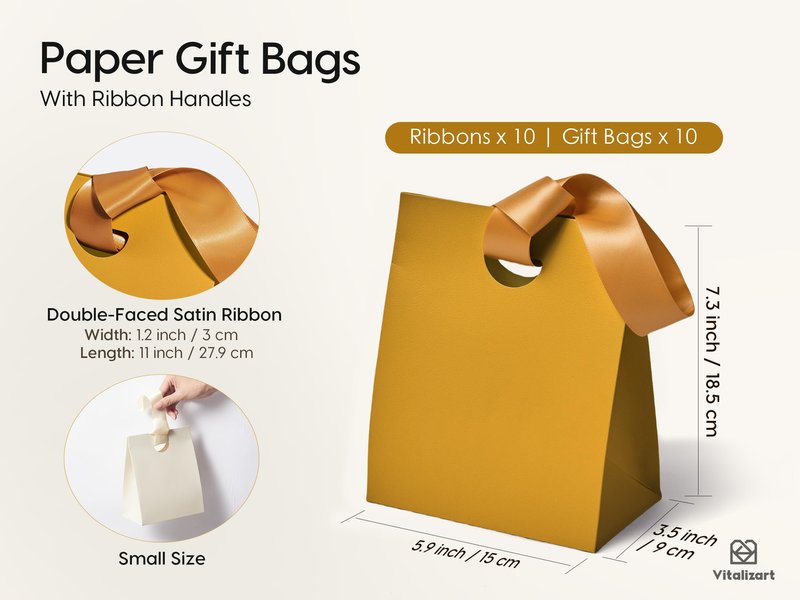 Vitalizart Paper Gift Bags With Ribbon Handles Set of 10 Assorted Colors Bulk Reusable For Gift Wrap Girls Kids Birthday Bridal Shower Party Favors Goodie Bags Candy Christmas 5.91"x3.54"x7.28" Small