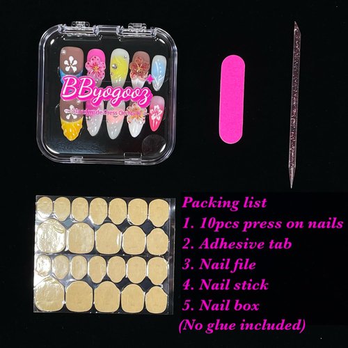 Handmade Press On Nails 3D Floral Medium Almond Shaped Artistic Design Acrylic Pink Stick-On Nails | Durable, Unique, Salon-Quality False Nails (Pink, M)