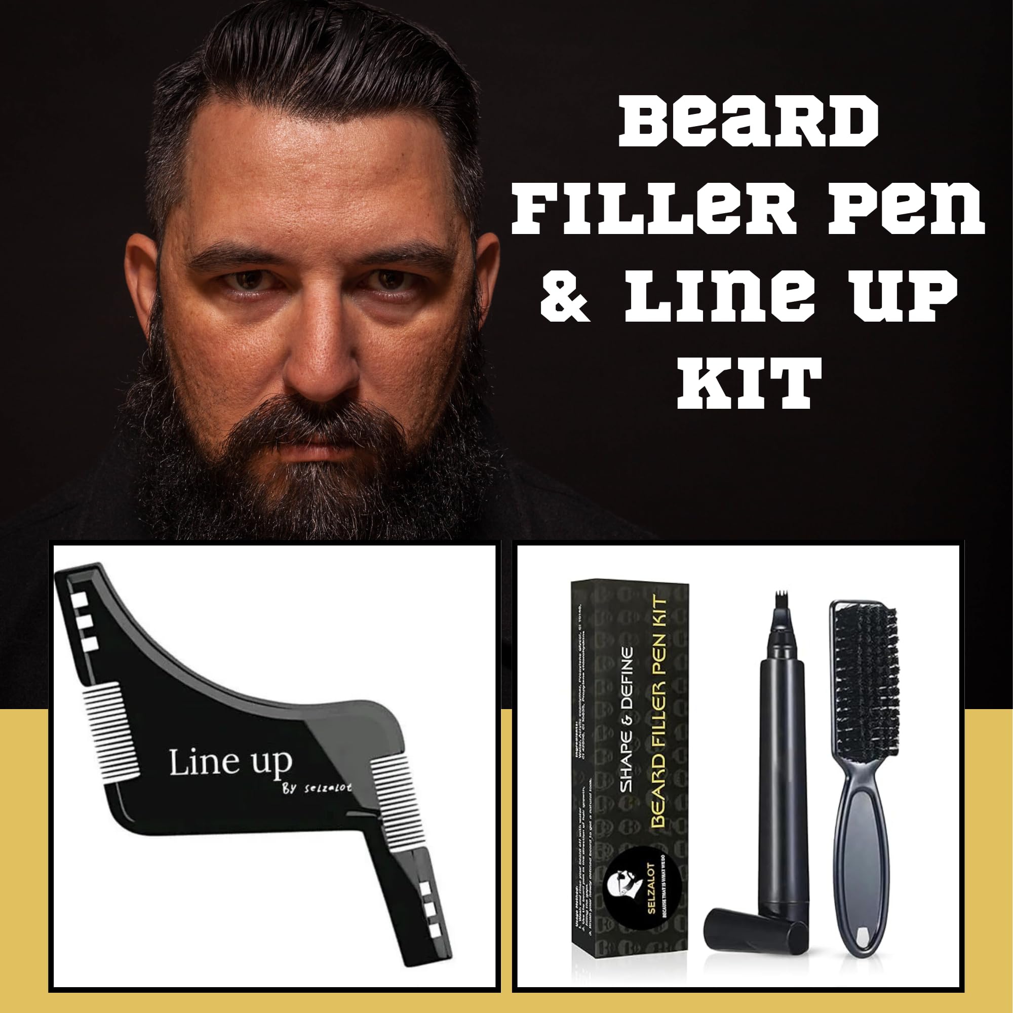 Beard Pencil Filler and Stencil Guide Template Shaper for Men Beard Lineup Tool Shape kit Waterproof Pen with Brush Barber Styling Pencil Grooming Kit (Black Pen & Black Liner Kit)