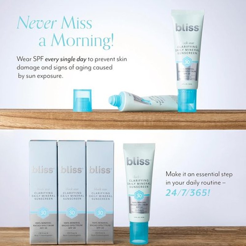 Bliss Block Star Daily Mineral Sunscreen - Broad Spectrum SPF 30 for Blemish-Prone Skin | 1.4 Fl Oz