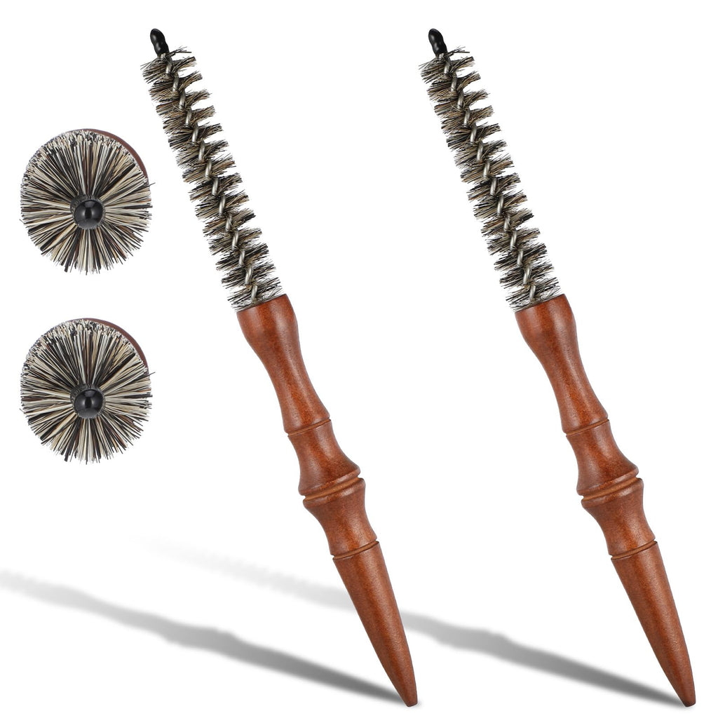 2pcs Small Round Brush Wooden Handle Boar Bristle Round Brush for Short Hair Roller Quiff Hair Combs Portable Travel Circular Hairbrush for Women Men Bangs Roots Straight Curling Mustache Brushs