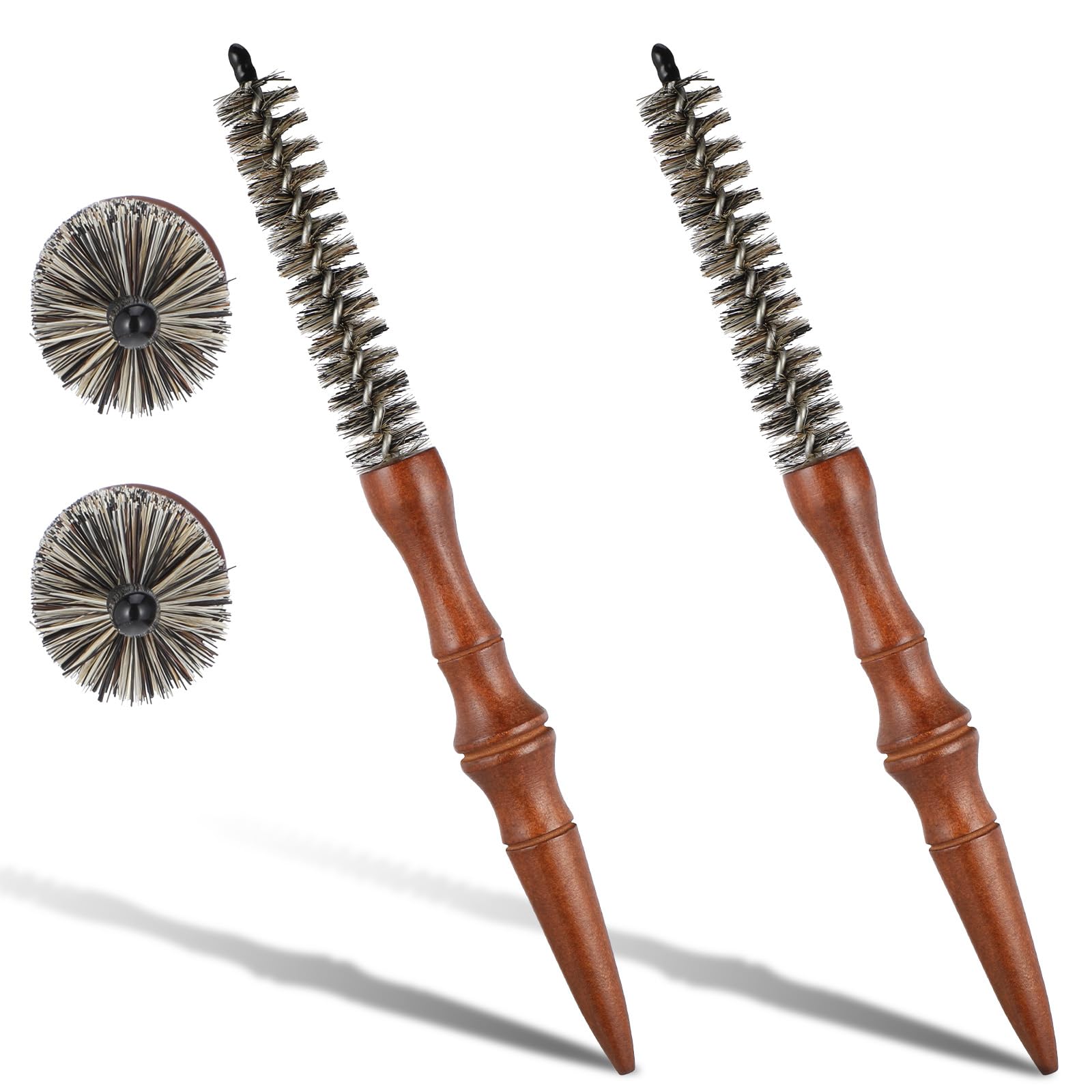 2pcs Small Round Brush Wooden Handle Boar Bristle Round Brush for Short Hair Roller Quiff Hair Combs Portable Travel Circular Hairbrush for Women Men Bangs Roots Straight Curling Mustache Brushs