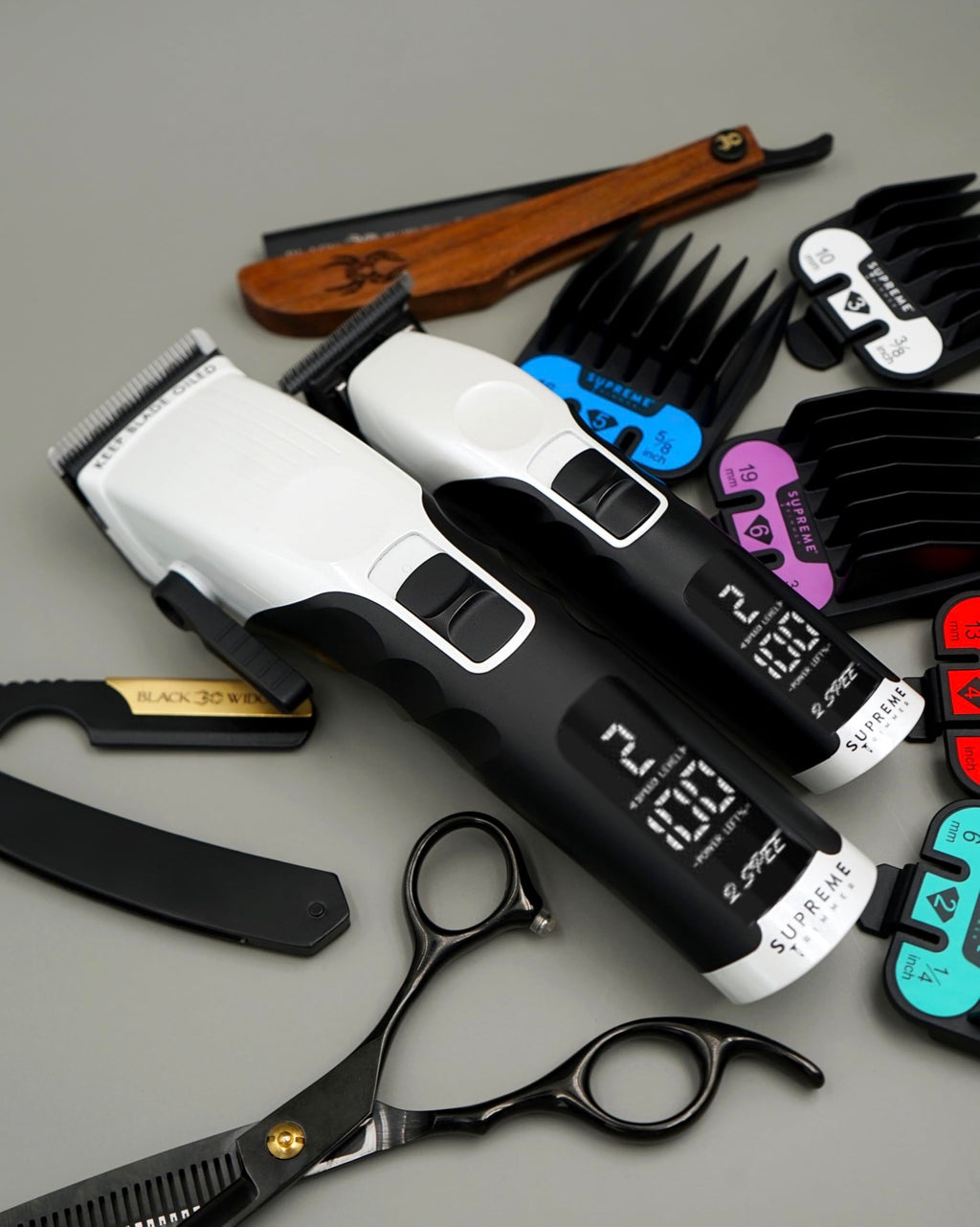 Supreme Trimmer 2-in-1 2Spee Beard Trimmer & Hair Clipper Combo | Removable Blades, 2 Speeds, LCD Display | Cordless Professional Barber Tools - Easy Color Coded Clipper Guide Combs | STB280 (White)
