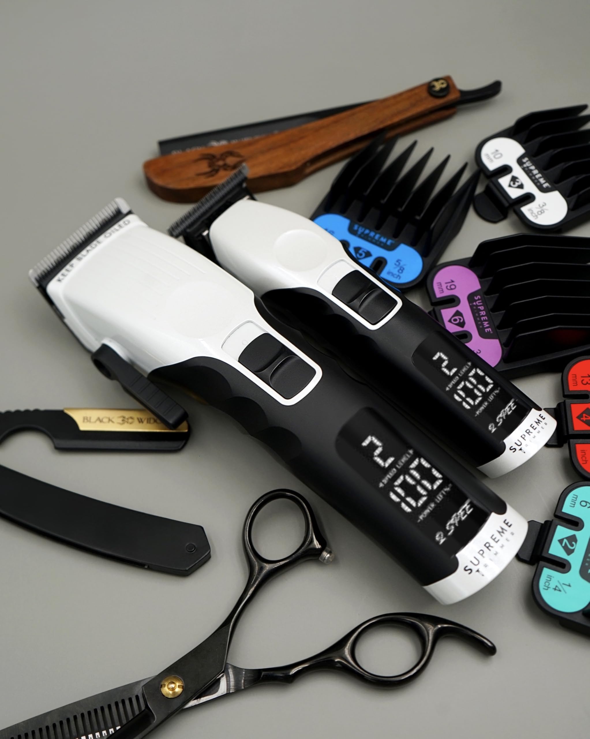 Supreme Trimmer 2-in-1 2Spee Beard Trimmer & Hair Clipper Combo | Removable Blades, 2 Speeds, LCD Display | Cordless Professional Barber Tools - Easy Color Coded Clipper Guide Combs | STB280 (White)