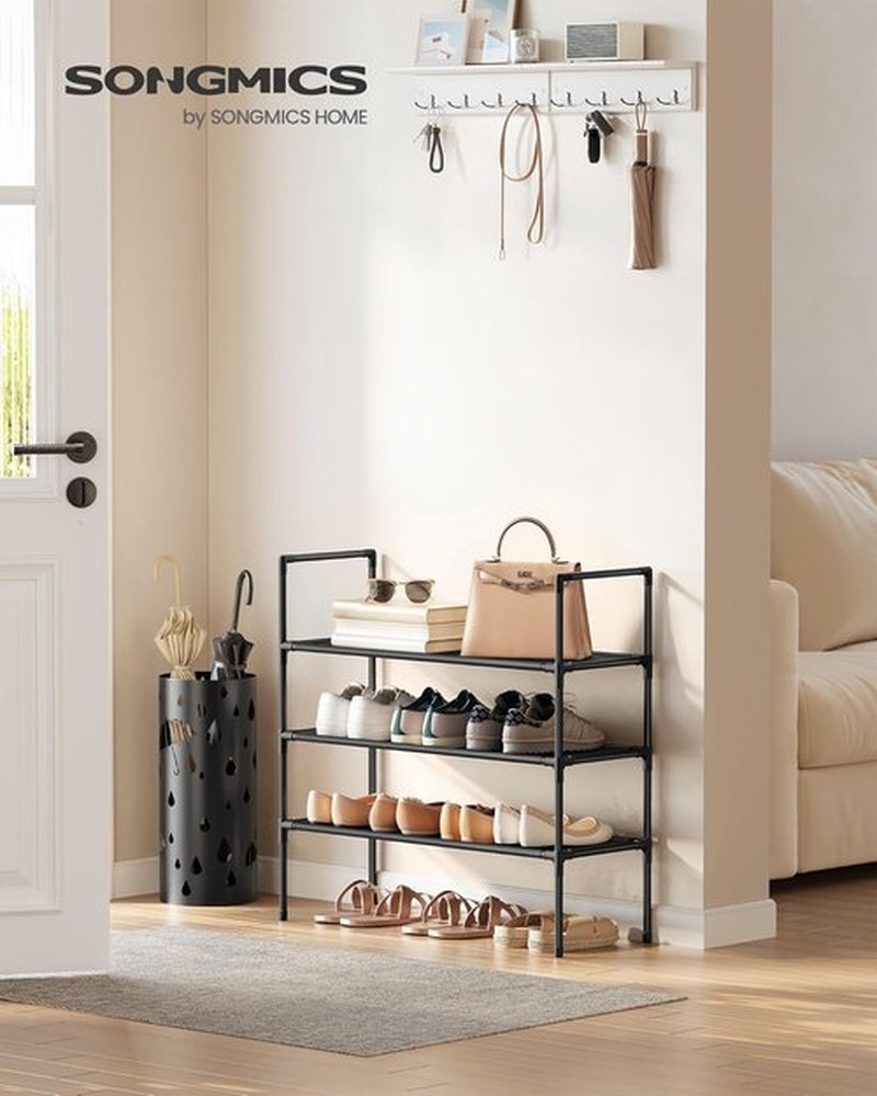 SONGMICS 3-Tier Shoe Rack - Slim Space-Saving Storage for Hallway | Metal Frame, Black Non-Woven Shelves