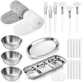 LemonRoad 25 Pcs Esthetician Facial Supplies Set, 3 Stainless Steel Mixing Bowls, 2 Serving Trays, 6 Brushes, 2 Hairbands, 12 Compressed Sponges for Women Facial Mask Spa Home Use (Silver)