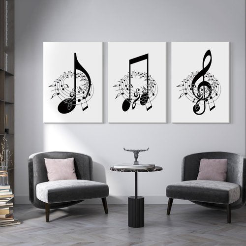 Skiennix Framed Music Notes Wall Art - Stylish Black & White Canvas Prints | 12x16in (Set of 3)