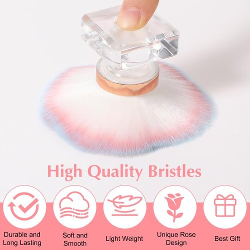 Ptwola 2 Pcs Nail Dust Brush Nail Art Dust Powder Remover Brush Soft Kabuki Cleaner Brush Nail Supplies for Acrylic Application and Makeup (Pink Rose Design)