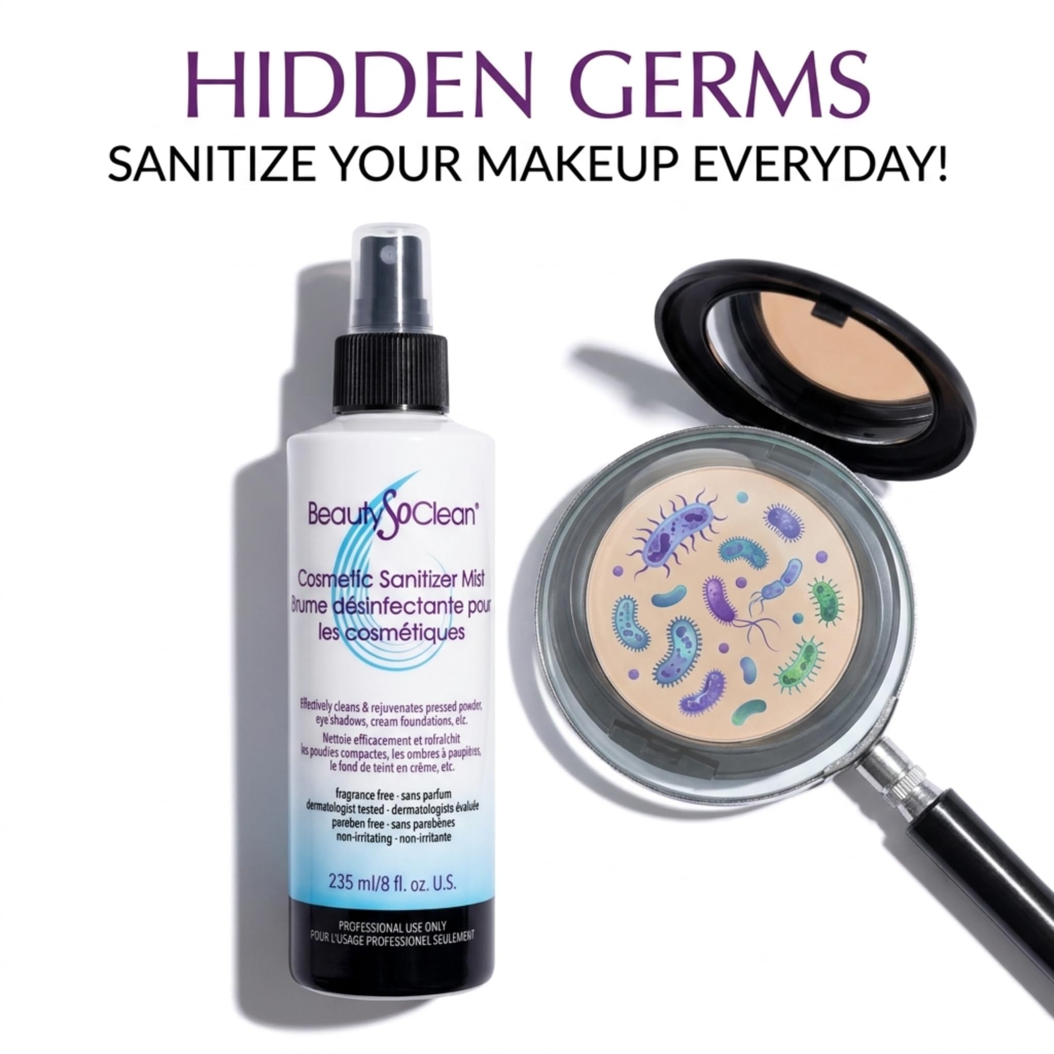 Beautysoclean Cosmetic Sanitizer Mist - (8.0 oz.) Makeup Sanitizing Spray for Powder-based Makeup Palettes & Pressed Cream Foundations, Bronzers, Concealers, Blushes, Eyeshadows.