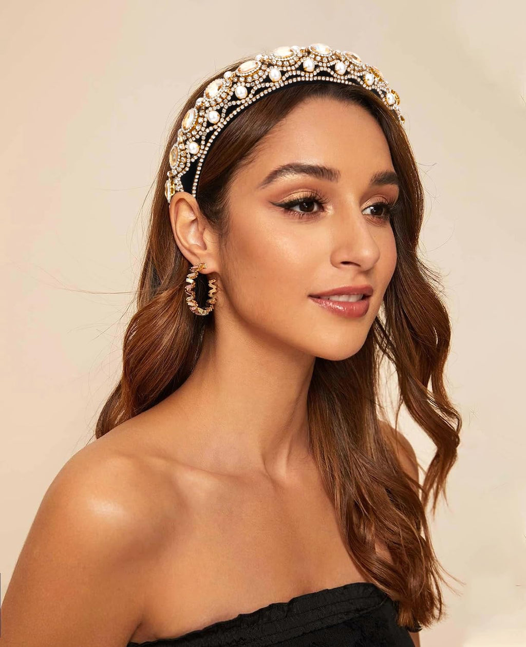 Wecoe Champagne Gold Rhinestone Headband with Pearls Women Vintage Fancy Sparkly Diamond Padded Bulky Puffy Luxury Beaded Headband Renaissance Costume Hair Accessories For Women Girls Gifts