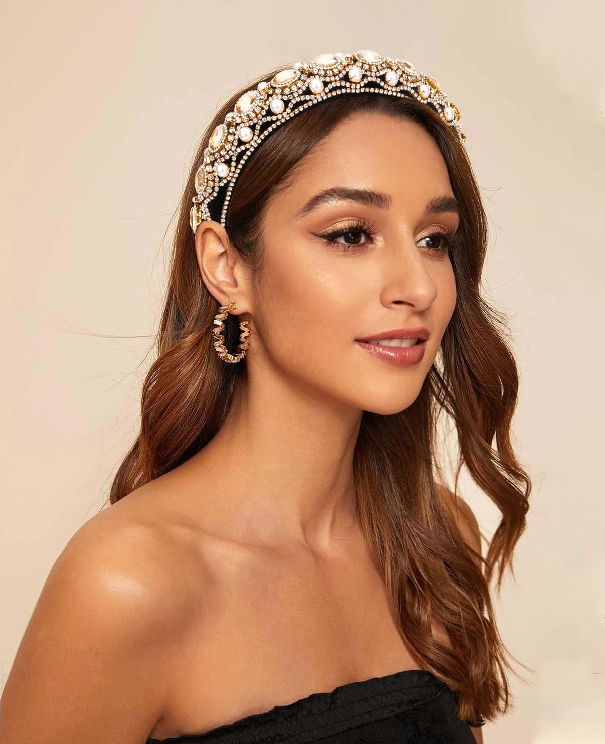 Wecoe Champagne Gold Rhinestone Headband with Pearls Women Vintage Fancy Sparkly Diamond Padded Bulky Puffy Luxury Beaded Headband Renaissance Costume Hair Accessories For Women Girls Gifts